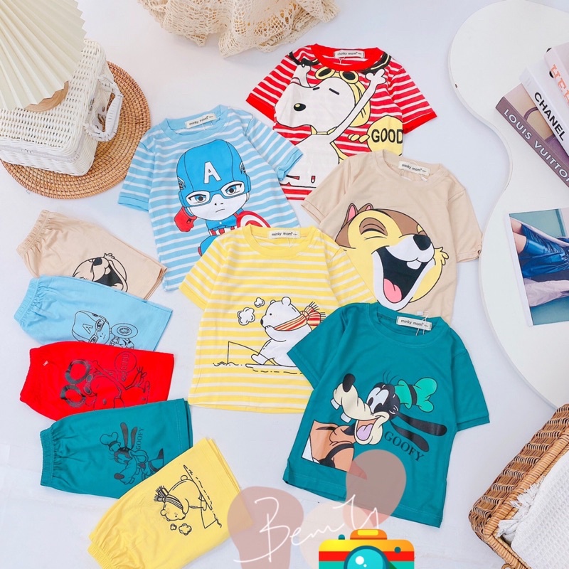 Bộ minky mom ngắn tay Bộ minky thun lạnh loại 1 in hình dễ thương bé trai bé gái
