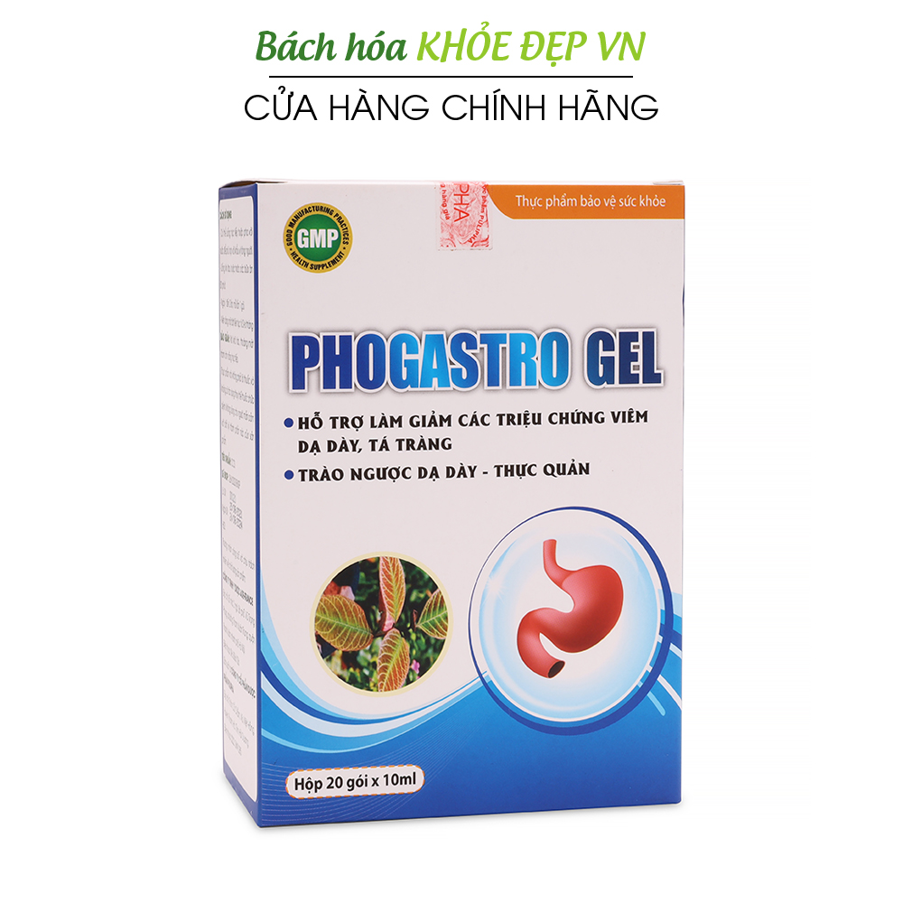 Phogastro Gel giảm đau dạ dày, giảm trào ngược dạ dày, giảm viêm loét dạ dày, tá tràng - Hộp 20 gói x 6g