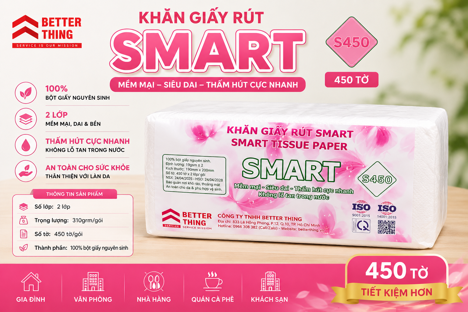 Khăn Giấy Rút Smart Better Thing S450 450 Tờ 2 Lớp - Giấy Nguyên Sinh, Mềm Mại, Thấm Hút Tốt