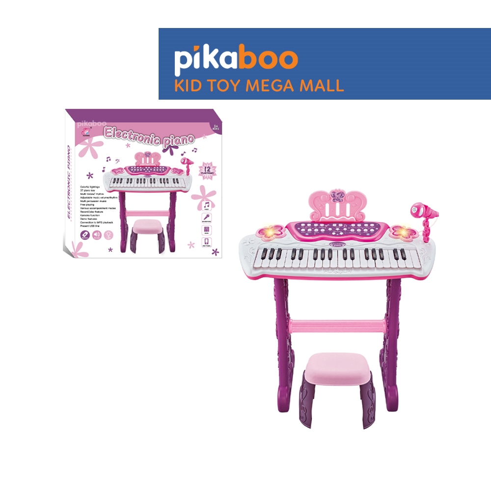 Đồ chơi đàn Piano điện tử màu hồng cao cấp cho bé Pikaboo cỡ to đại chân cao họa tiết cánh bướm có ghế ngồi và micro