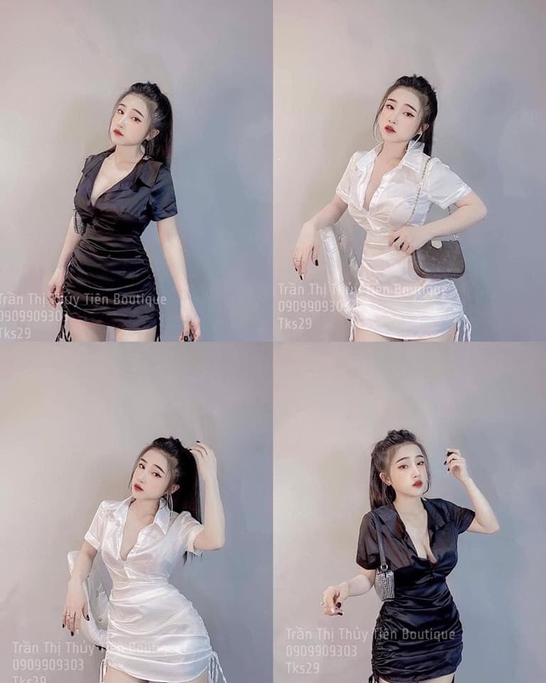 Đầm nhún cổ sơ mi cài nút thật xinh xinh