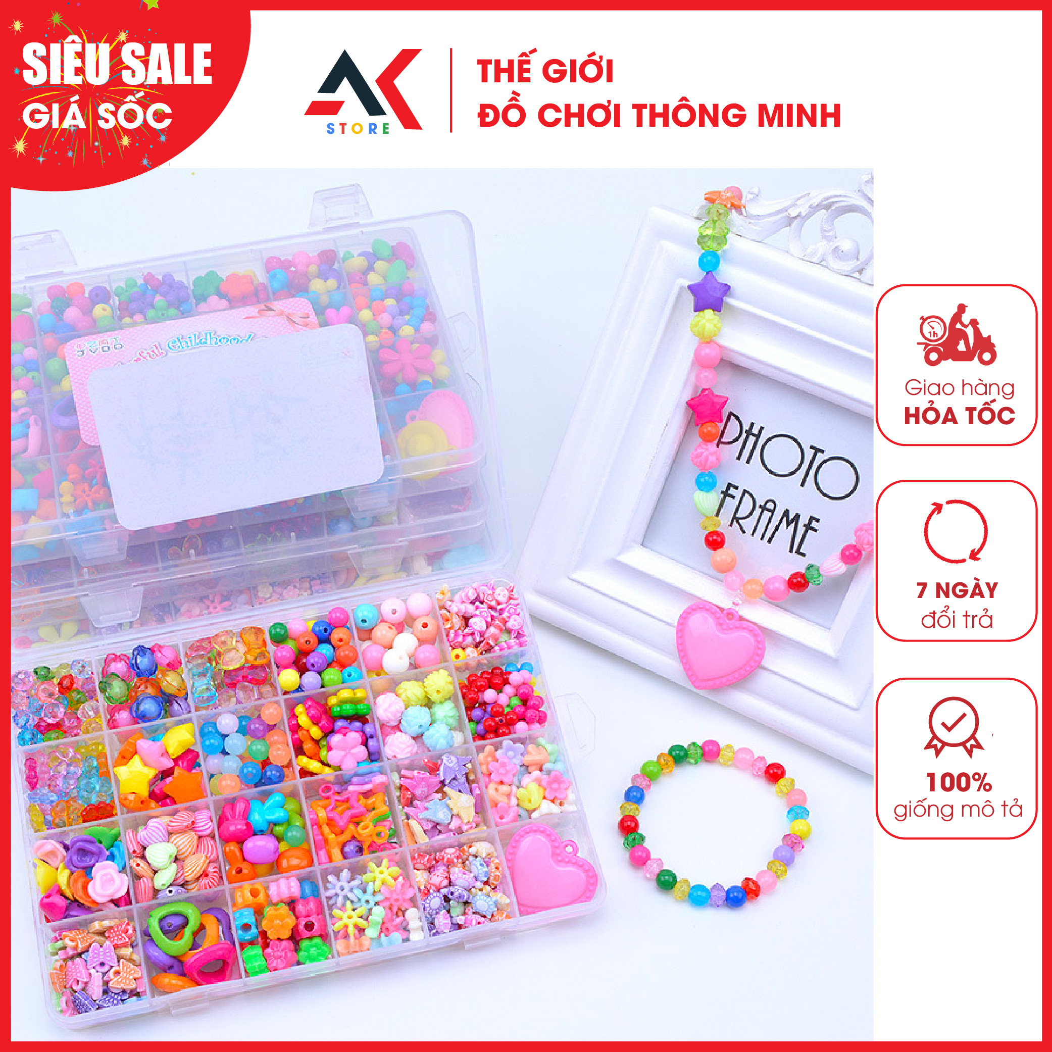 Bộ xâu vòng hạt cườm xâu vòng cổ vòng tay 24 ô cho bé gái kèm cuộn dây cước và khung bờm
