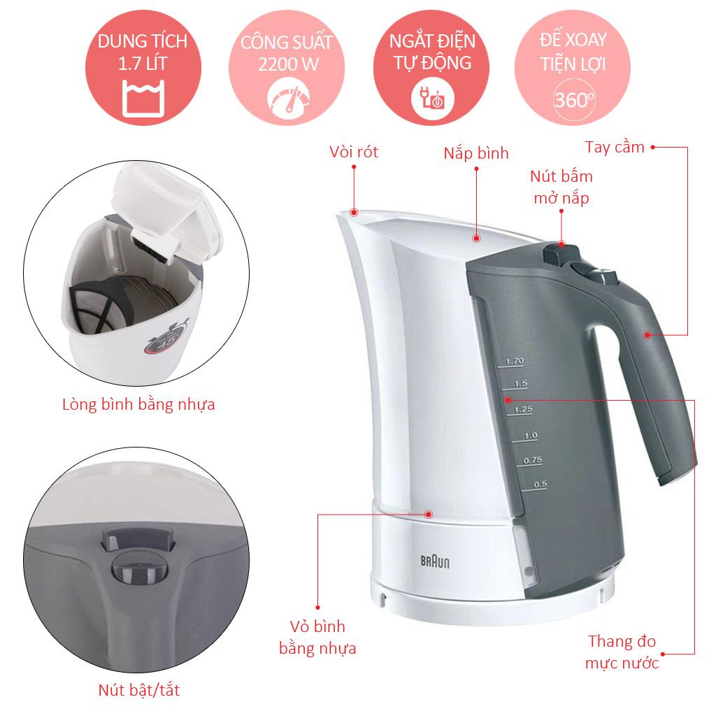 Ấm đun siêu tốc Braun WK300- Sản xuất tại châu Âu -Công suất 2200W- Dung tích 1.7L - Đế xoay 360 độ - Đun sôi cực nhanh - Tự động ngắt điện - Hàng chính hãng bảo hành 24 tháng