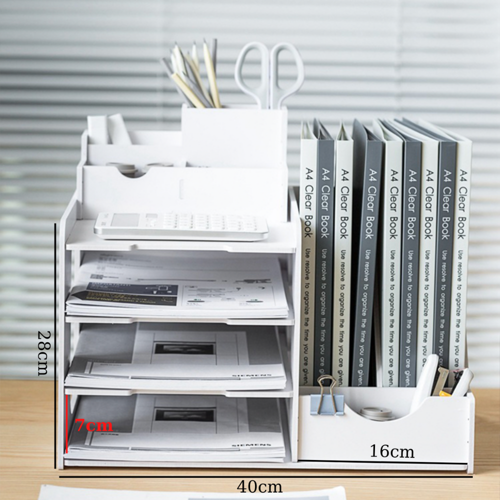 Kệ đựng hồ sơ, kệ tài liệu để bàn, giá kệ để sách có hộp bút màu trắng, chất liệu gỗ nhựa Cao cấp