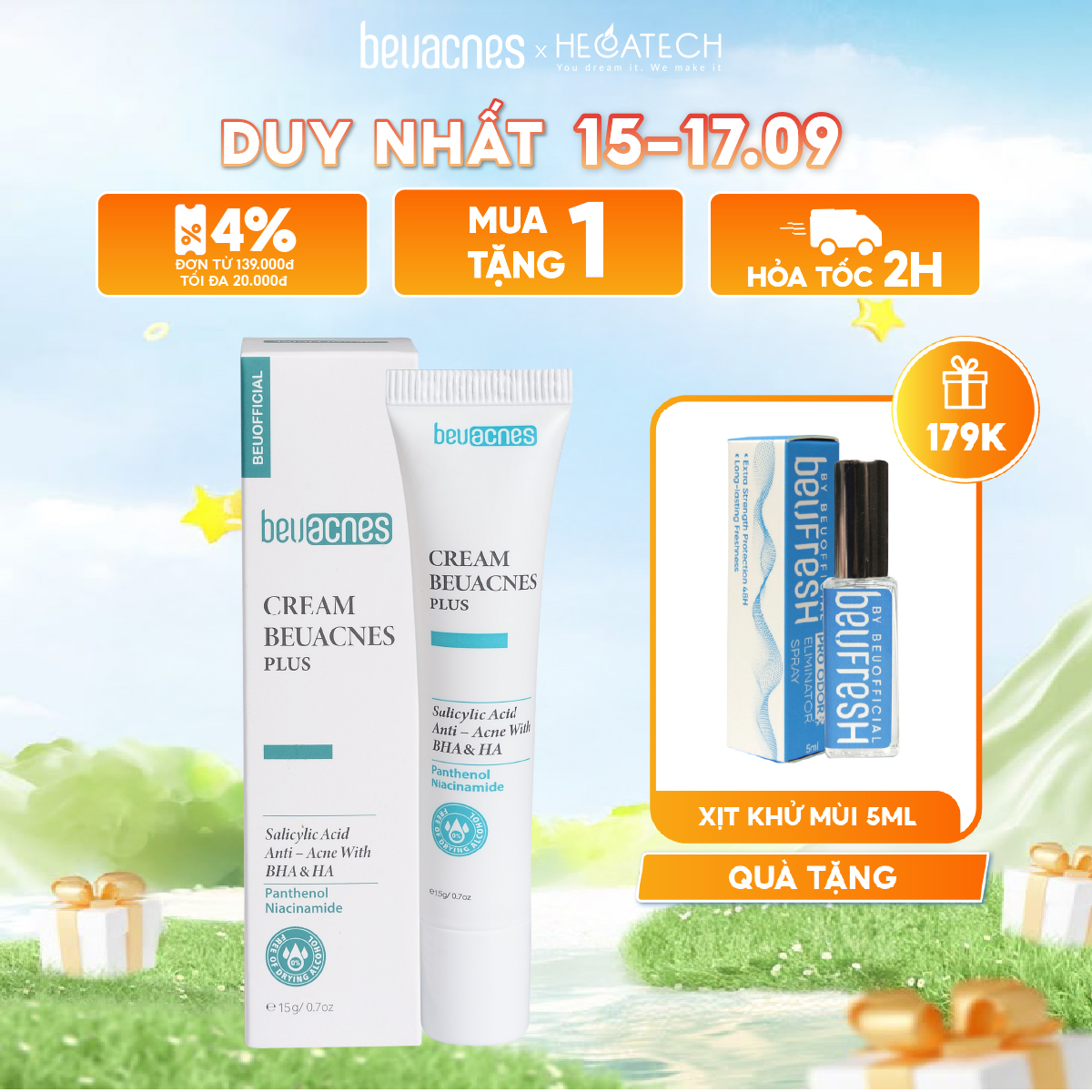  Kem giảm mụn nhanh 24h BEUACNES PLUS mụn trứng cá chiết xuất rau má hỗ trợ mờ thâm mụn sáng da dung tích 15g 