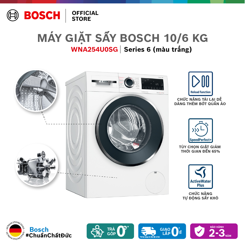 Máy giặt sấy Bosch 10/6Kg WNA254U0SG - Series 6 - Hàng chính hãng