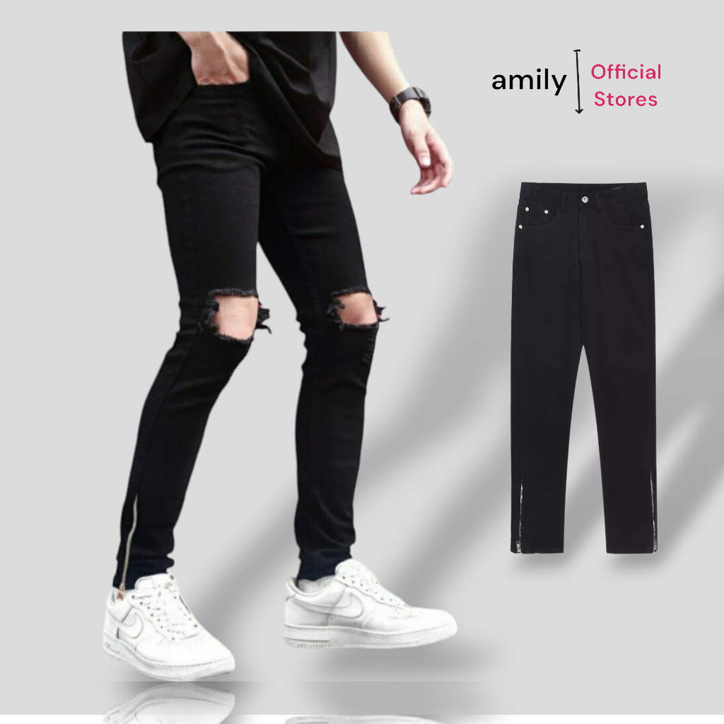 Quần Bò Nam Đen Trơn, Rách Gối AMILY chất vải Demin co giãn form slimfit Phối Khoá Zip Ống chân