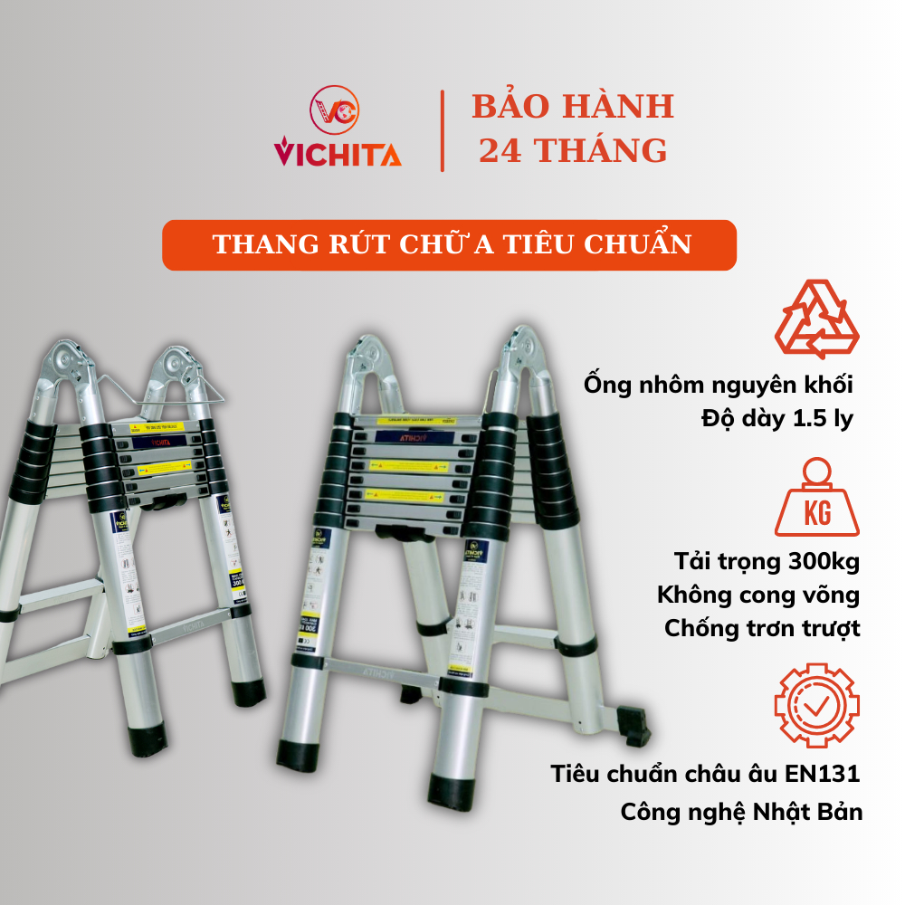 Thang Nhôm Rút Chữ A 3.8M - 4.4M - 5M - 5.6M - 6.6M VICHITA - thang nhôm rút đôi công nghệ Nhật Bản - BẢO HÀNH 2 NĂM