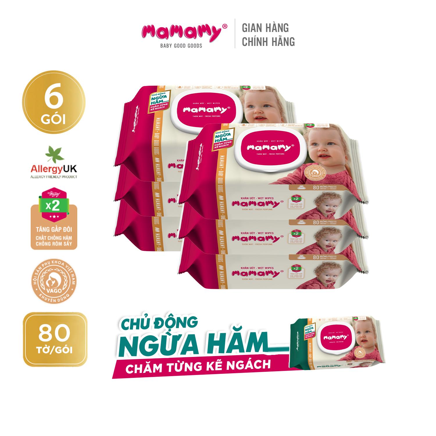 Combo 6 Khăn ướt 80 tờ có nắp chủ động ngừa hăm/x2 chất ngừa hăm Mamamy Không mùi/Mùi dịu nhẹ an toàn cho bé