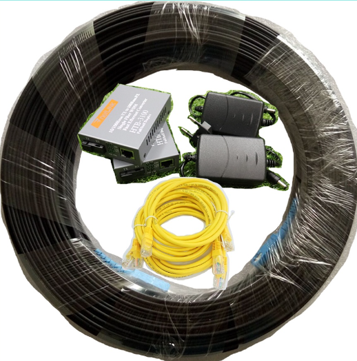 150m cáp quang 1 sợi bấm sẵn 2 đầu + 1 cặp converter htb 3100ab + 2 lan đúc sẵn 1m dùng kéo lan quang
