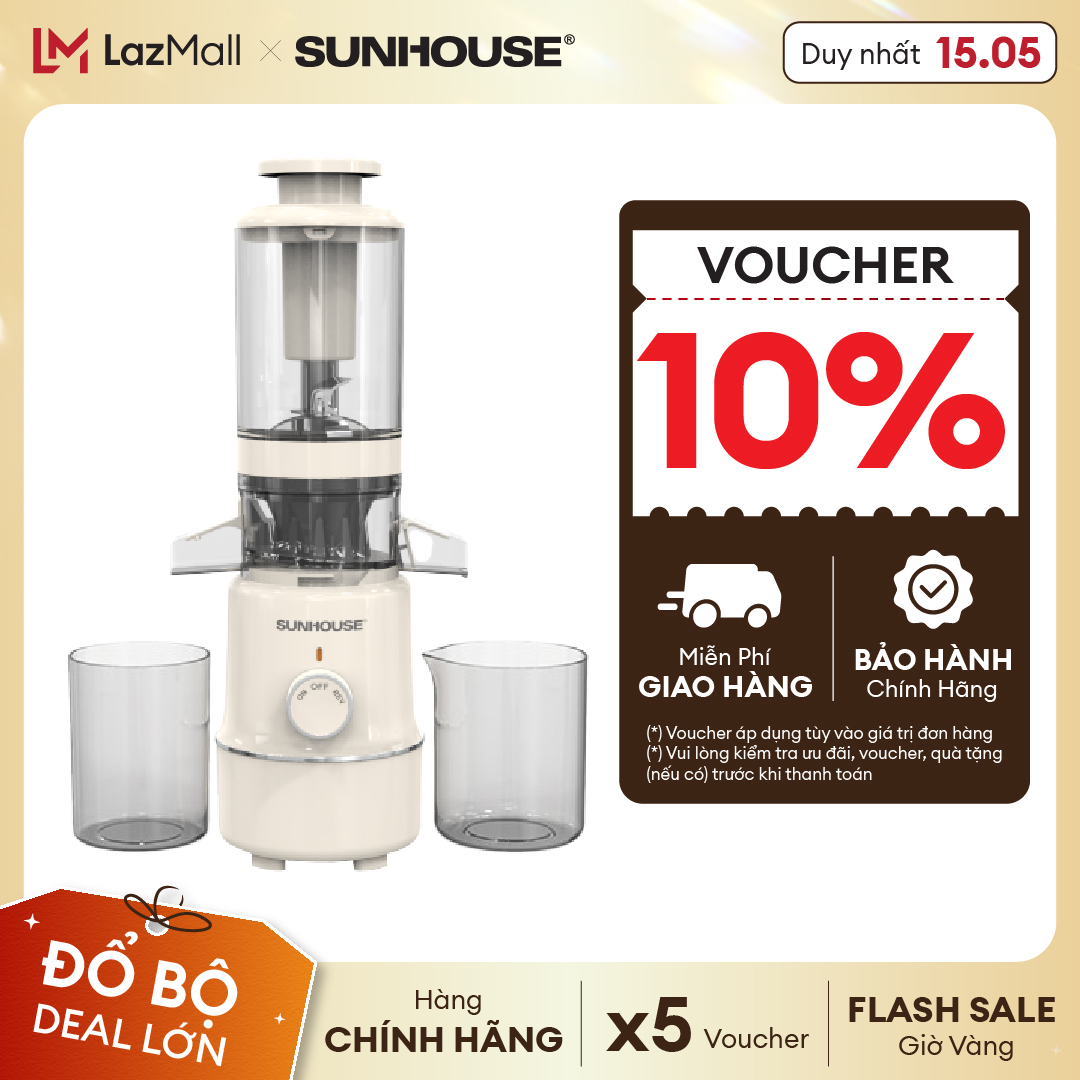 Máy Ép Chậm Sunhouse SHD5515 600ml - Trắng, Dung Tích Lớn, Ép Kiệt Bã, Làm Kem Mịn