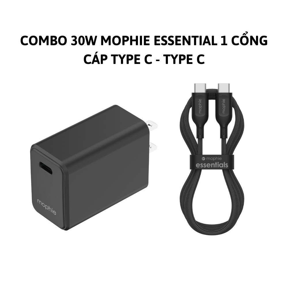 Combo Sạc Nhanh Mophie Essentials Power Delivery 20W 30W USB-C - Cáp USB-C to lightning 1M cho iPhone/iPad - Dâu Đen Store
