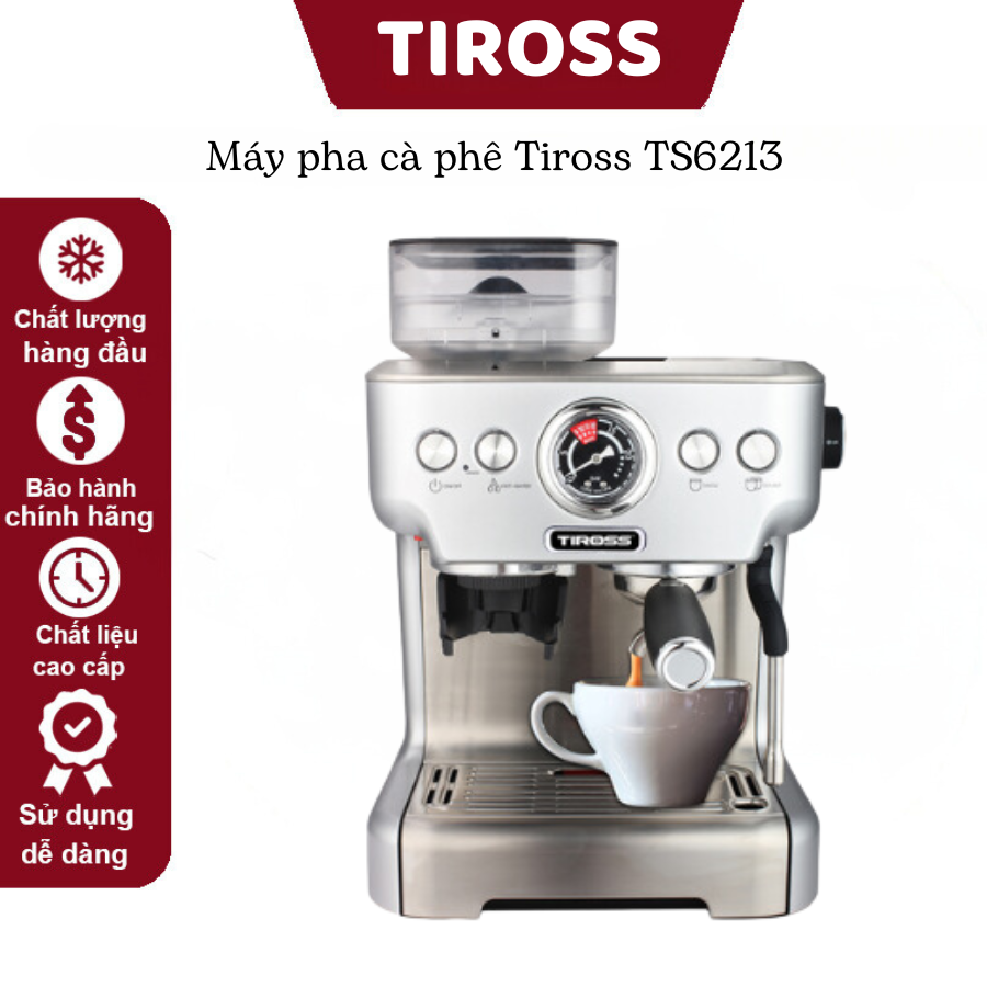 Máy pha cà phê Tiross TS6213 Tích hợp máy xay cà phê - Hàng chính hãng, Máy có hệ thống pha đạt chất lượng chuẩn cà phê barista ngon: Espresso, Cappuccino hoặc Latte - Bảo hành 12 tháng