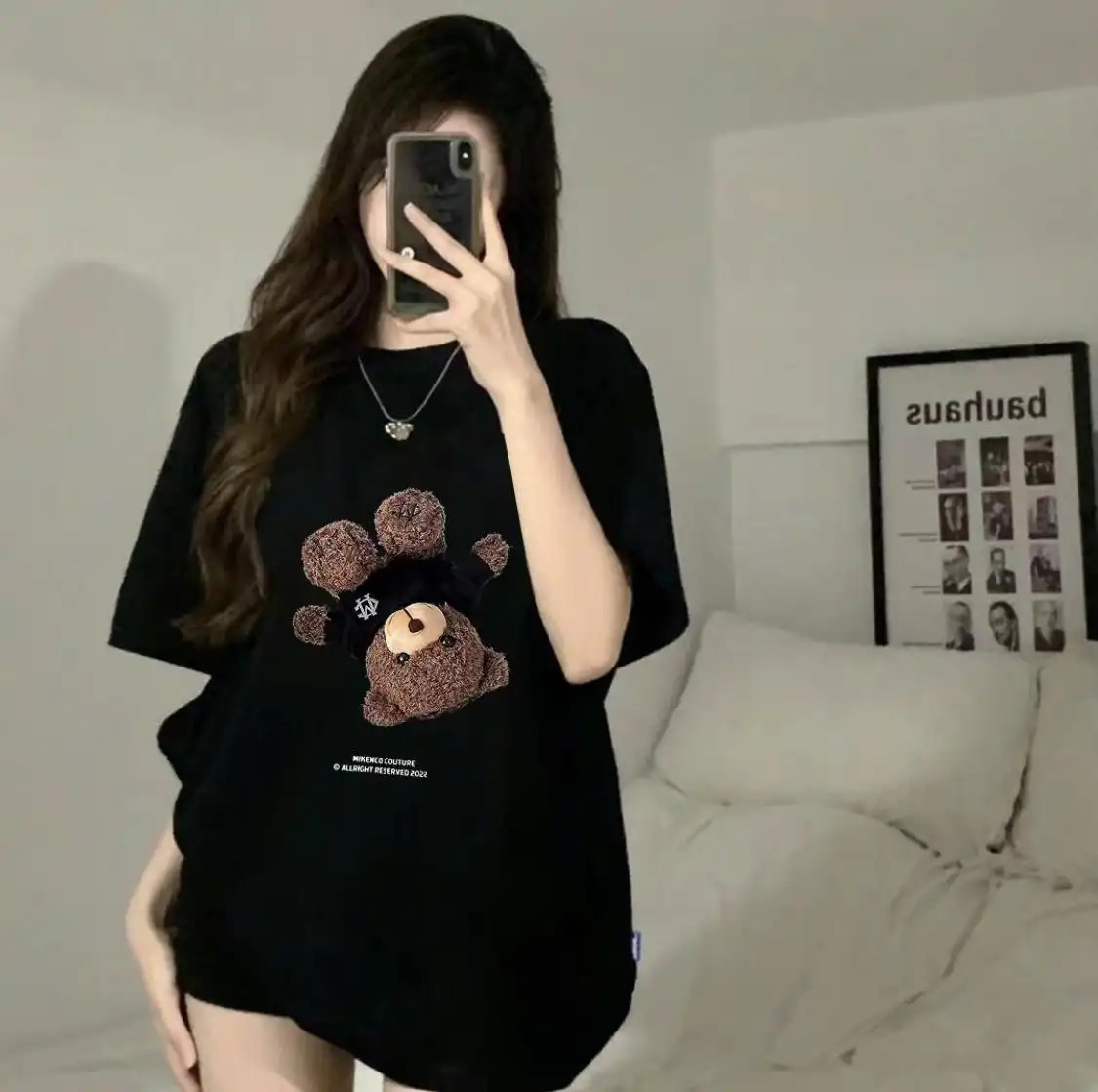Áo thun tay ngắn in hình gấu phong cách retro Mỹ thiết kế mới, quần ống rộng thoải mái, áo thun nữ thời thượng.