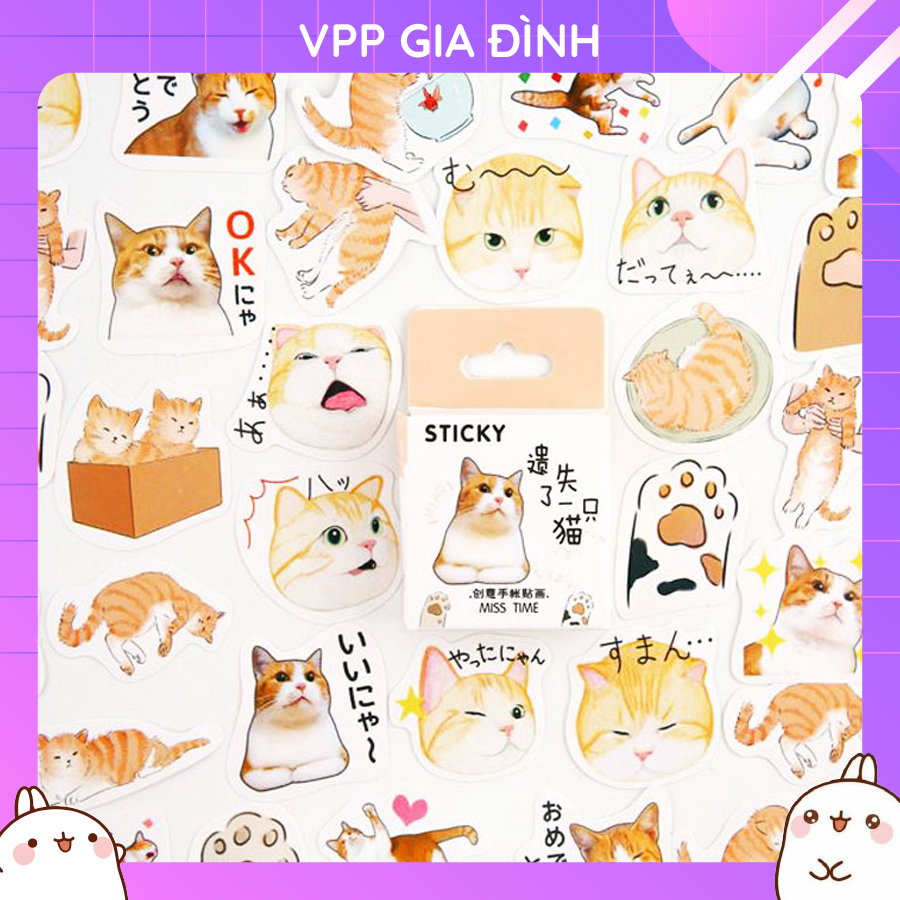 Hộp 46 Miếng Nhãn Dán Sticker Trang Trí Mèo Biểu Cảm Nhật Bản