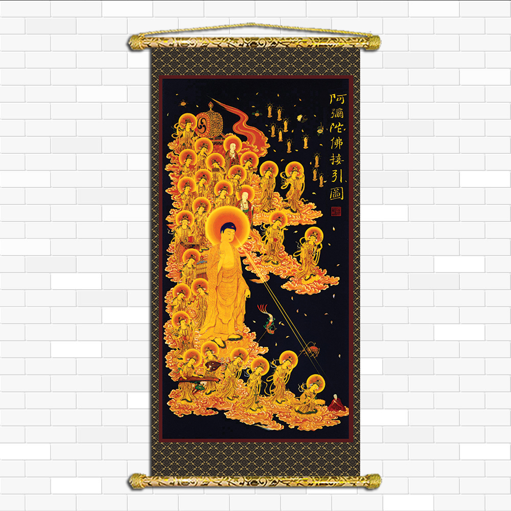 [HCM]Tranh Liễn Phật Giáo - Tây Phương Tiếp Dẫn KT 40x80 cm – Vải canvas kim tuyến nẹp sáo gỗ tự nhiên nhiều mẫu thiết kế