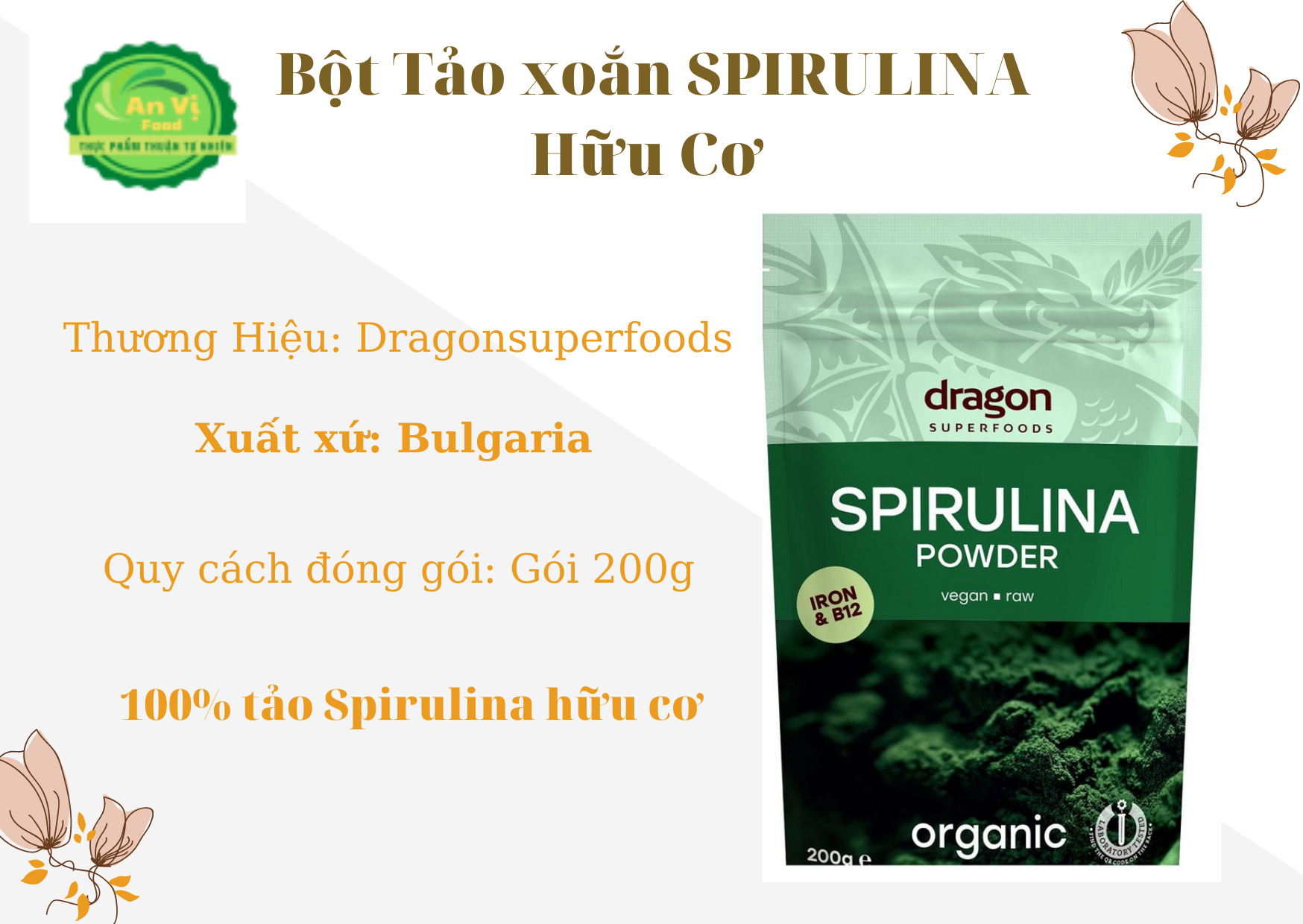 Bột tảo xoắn hữu cơ Spirulina Dragon Superfoods 200g