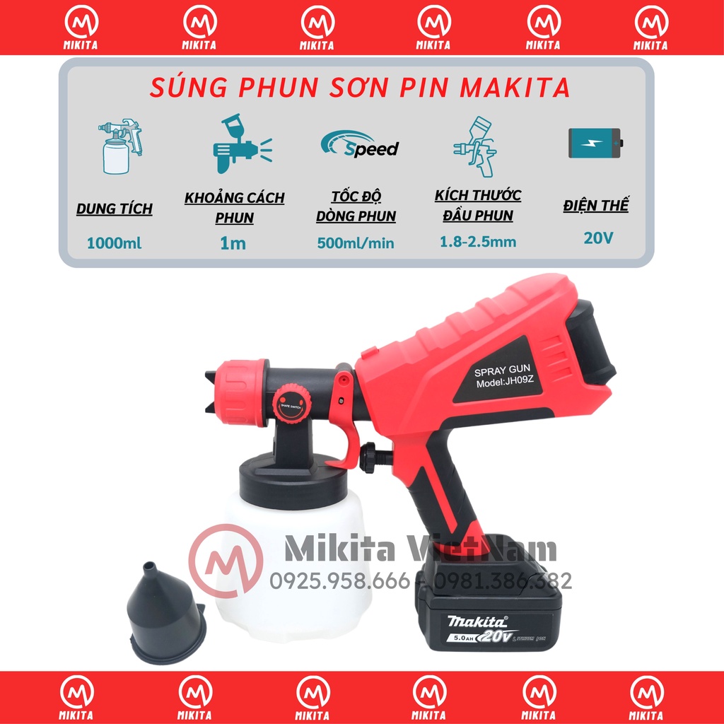 Máy phun sơn cầm tay dùng pin 18v - 21v makita spray gun jh09, chân pin makita thông dụng