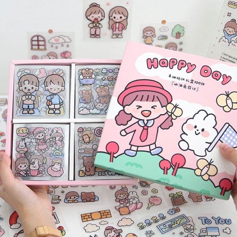 Hộp 100 tấm sticker Happy Day hàng đẹp dễ thương hot hit