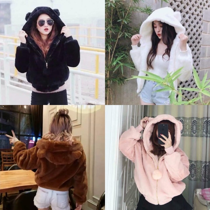 Áo khoác lông tai gấu quả bông