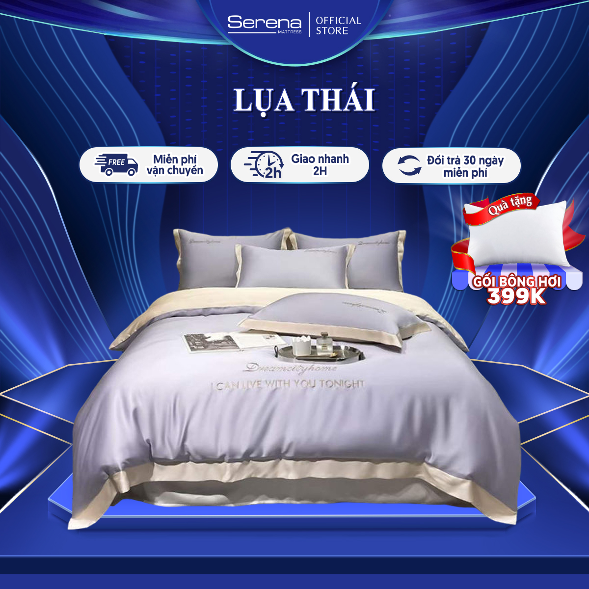 Bộ ga nệm 4 món lụa thái dreamcity SERENA cao cấp - bộ chăn ga ra drap gối mền nệm đệm giường đẹp phi lụa thái 5 món khách sạn cao cấp