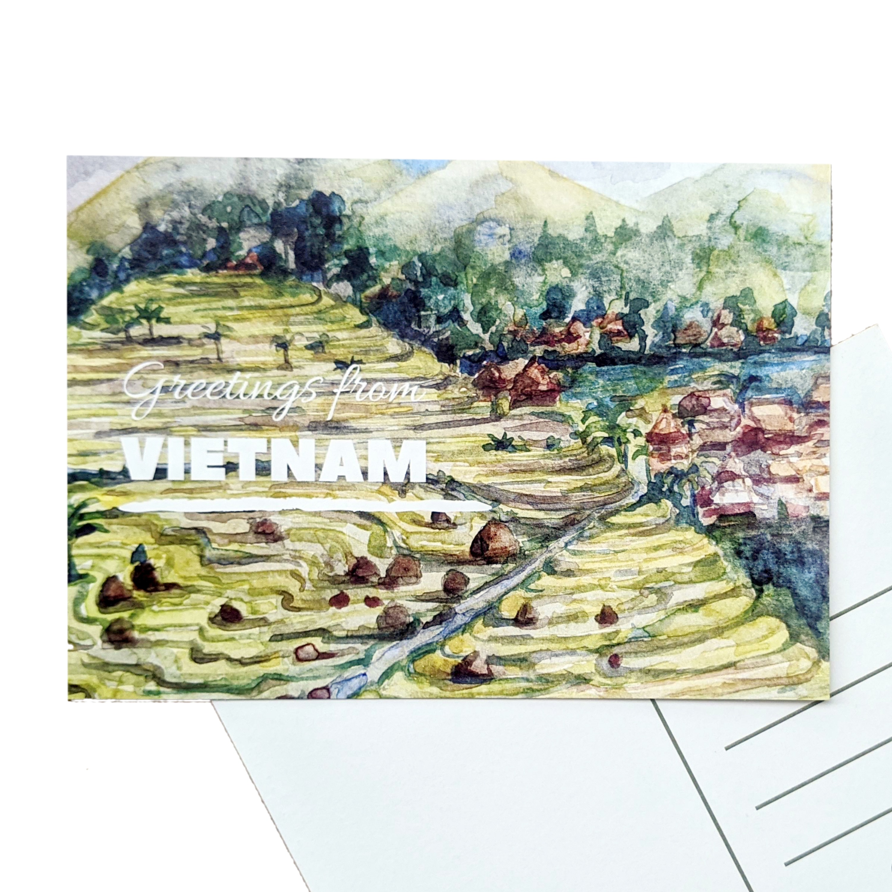 Bưu thiếp "Lời chào từ Việt Nam". Pù Luông. Cánh đồng lúa màu nước.   Ruộng bậc thang có núi bao quanh. Thẻ in màu nước gốc. Thiệp chúc mừng tốt nhất