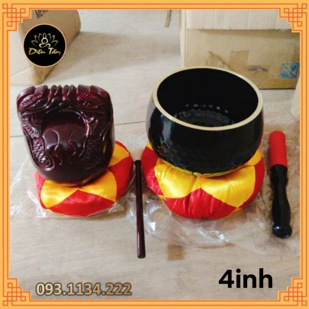 Chuông mõ đen chuông đồng mõ gỗ long mão tụng kinh Phật gia trì Đài Loan 4 inch