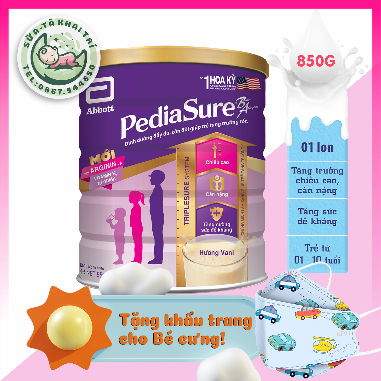 Sữa bột abbott pediasure bổ sung arginin & vitamin k2 - lon 850g - date 2023