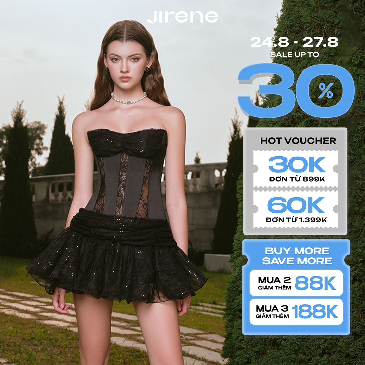 Sale up to 30% + vc 170k || sale up to 50% +vc 100k || jirene đầm fabulous vải ren phối lưới kiểu dáng corset với chân váy trendy thời thượng