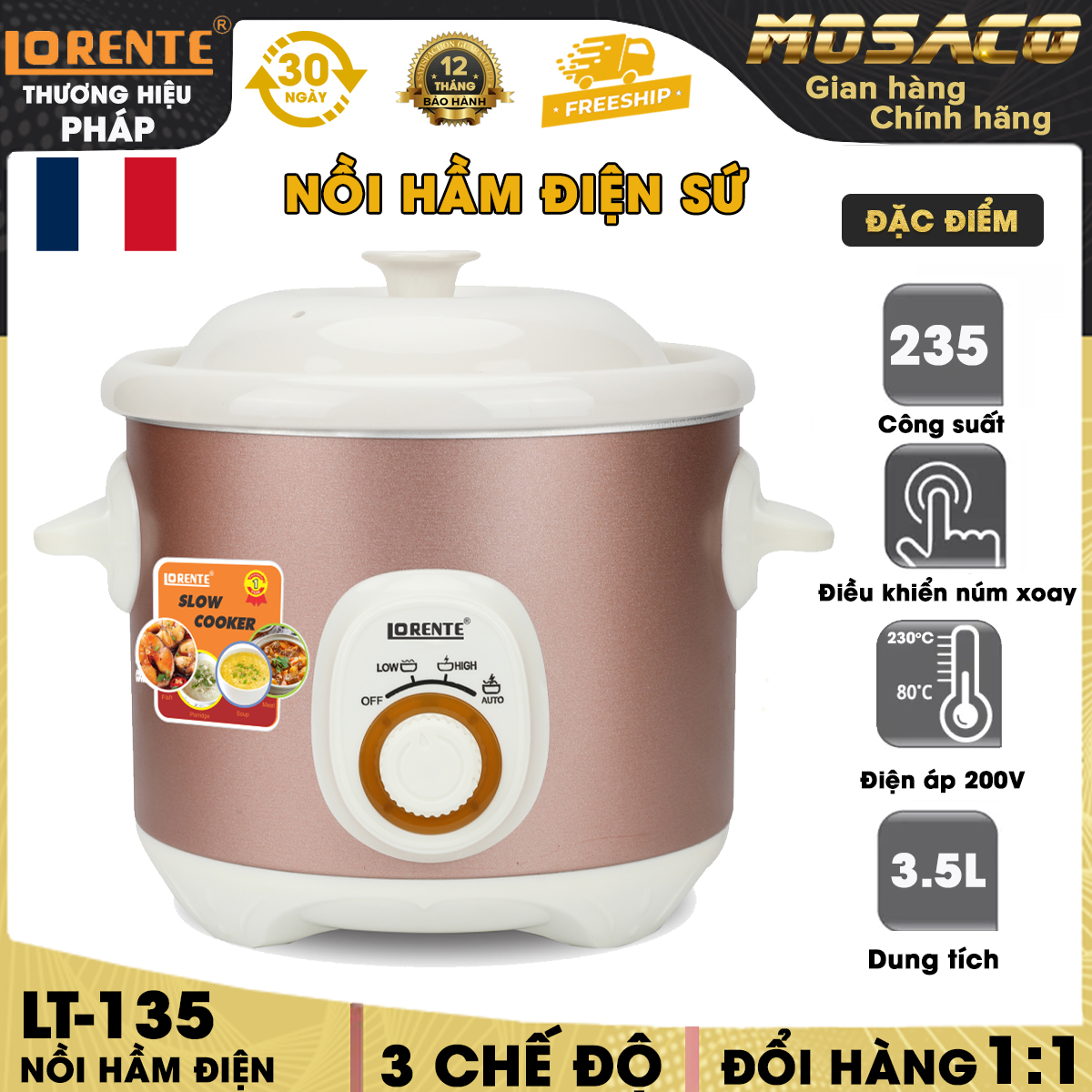 Nồi hầm điện Lorente LT-135 235W Nồi kho cá có 3 chế độ nấu tự động lòng nồi bằng đất sét nung cao cấp trên 1100 độ C tăng cường khả năng giữ nhiệt cho thực phẩm nồi có thể tháo rời từng bộ phận - MOSACO GIA DỤNG