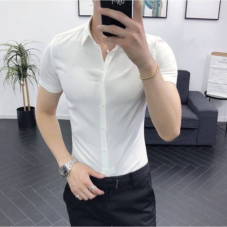 Áo sơ mi tay ngắn nam nữ form rộng - kiểu sơ mi cổ đức unisex Hàn Quốc, chất vải lụa dãn