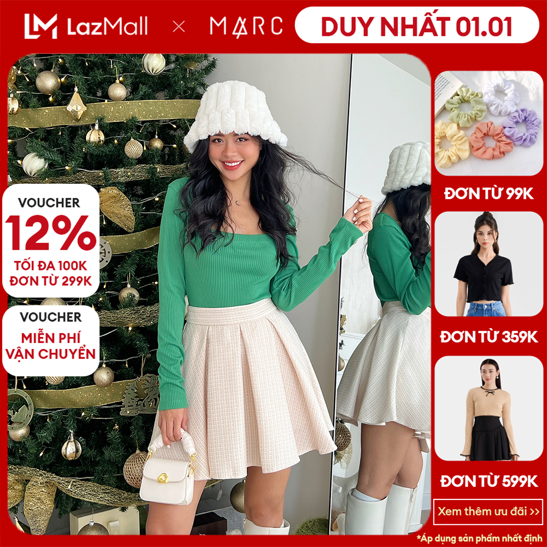 DUY NHẤT 01.01 VOUCHER 100K TẶNG ÁO ĐƠN 359K Áo thun gân tay dài cổ vuông Nữ MARC FASHION CBVH104623