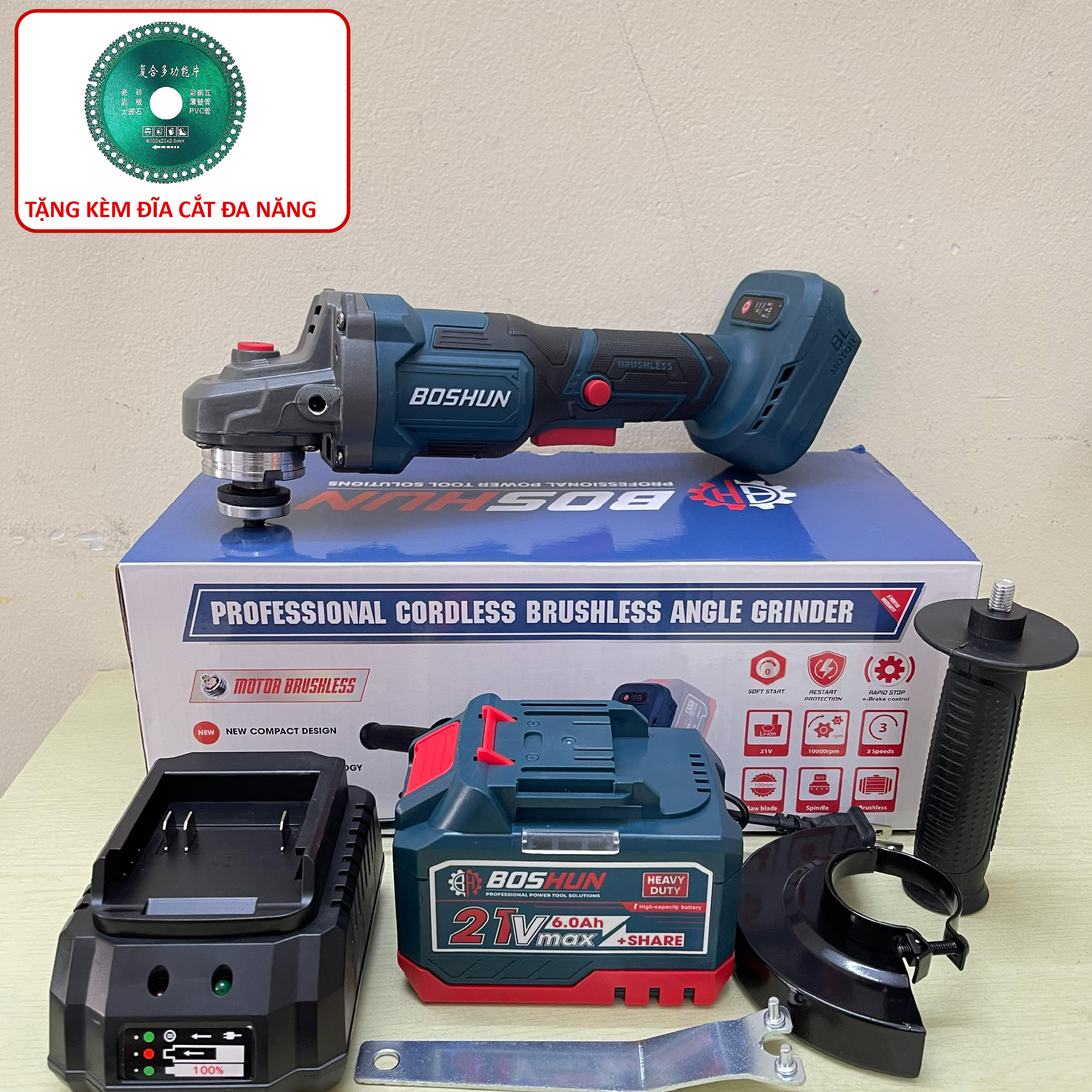 [TẶNG 1 LƯỠI CẮT ĐA NĂNG] Máy mài pin Boshun công tắc bóp, lõi đồng 100%, không chổi than, chân pin phổ thông, bảo hành chính hãng BS-AG100BL