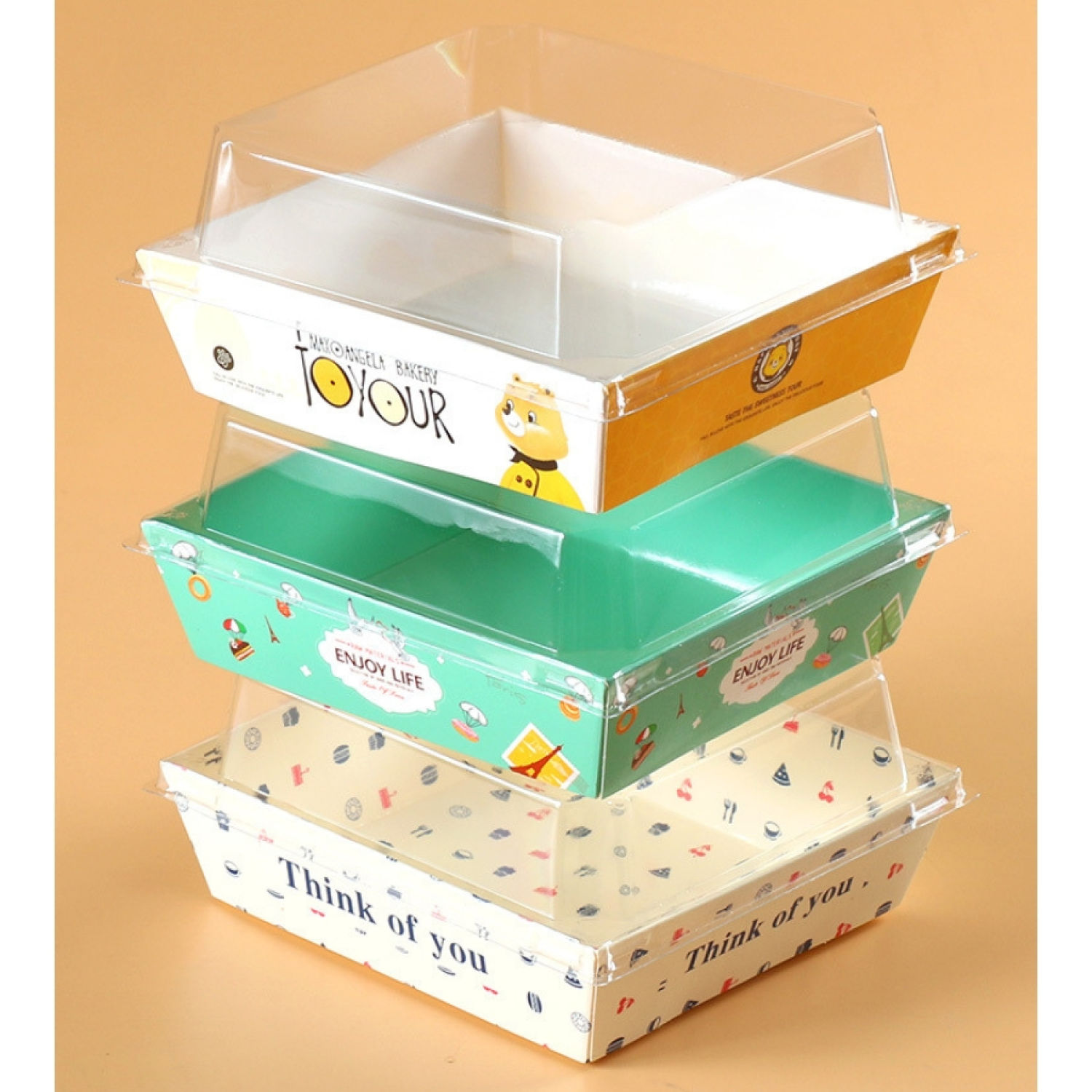 Hộp giấy đựng bánh set 50 hộp thức ăn kèm nắp nhựa trong suốt pet
