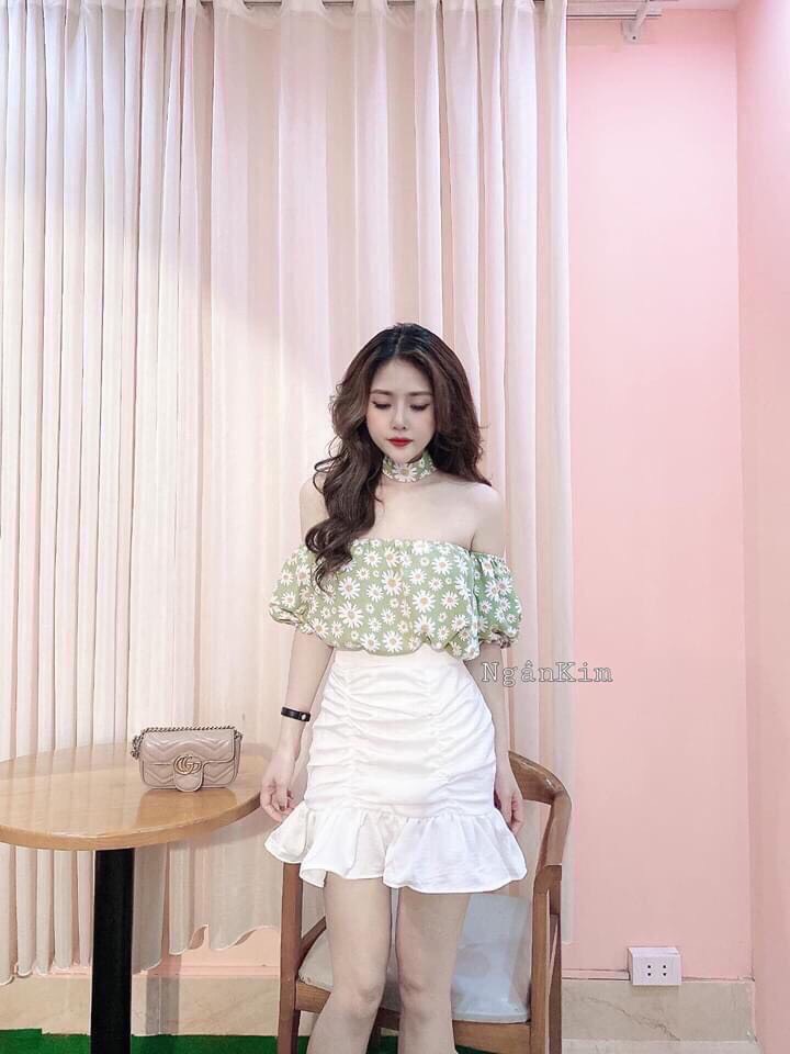 [HCM]Set váy nữ áo voan hoa bẹt vai tay lỡ+chân váy nhúng  đuôi cá cực xinh