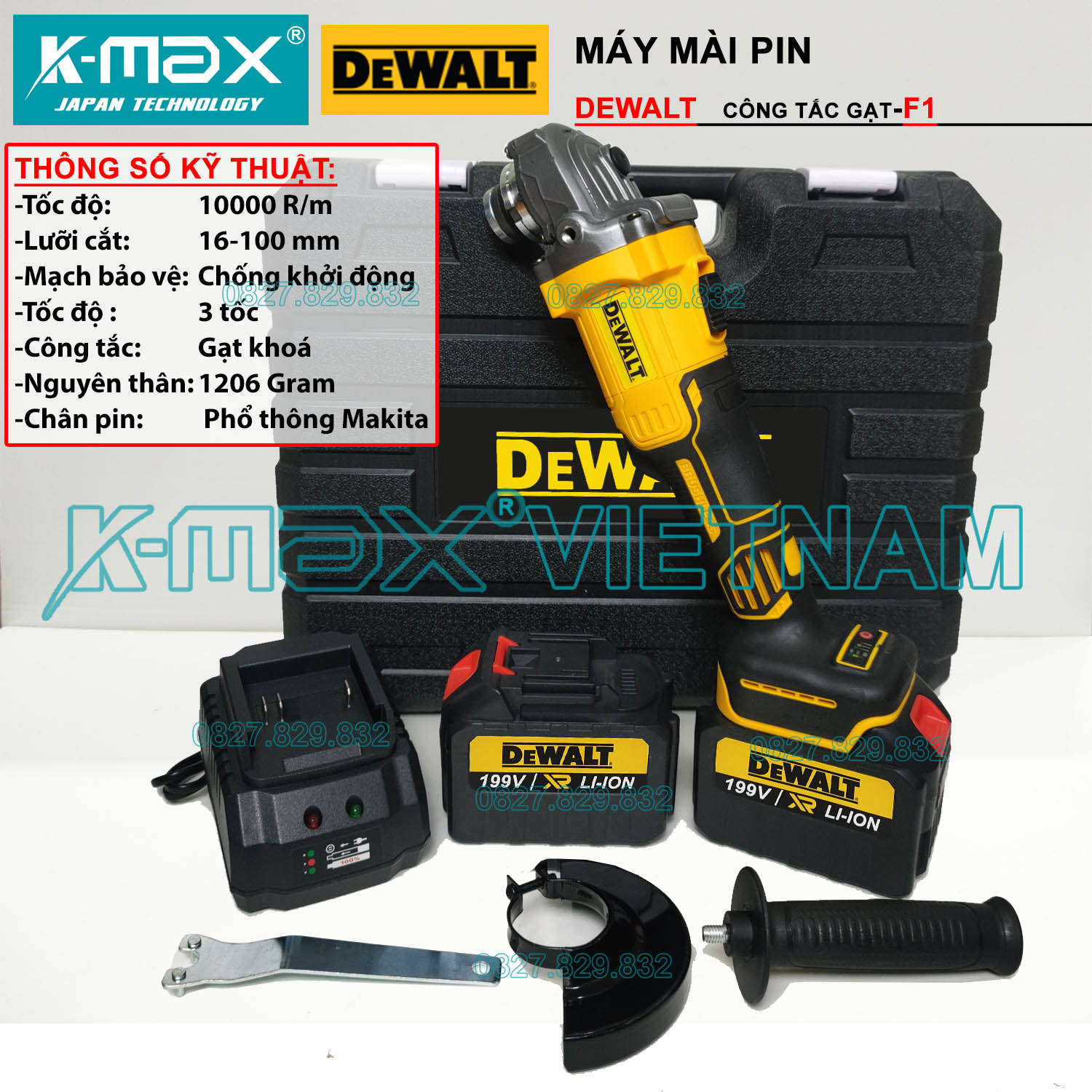 Máy mài pin dewalt 199-ctg-f1, công tắc gạt, mẫu mới 2024 - cao cấp, chân phổ thông makita, động cơ không chổi than, bảo hành 6 tháng
