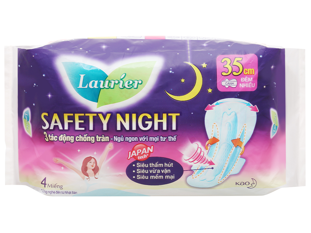 Băng vệ sinh ban đêm Laurier Safety Night siêu an toàn 4 miếng 35cm