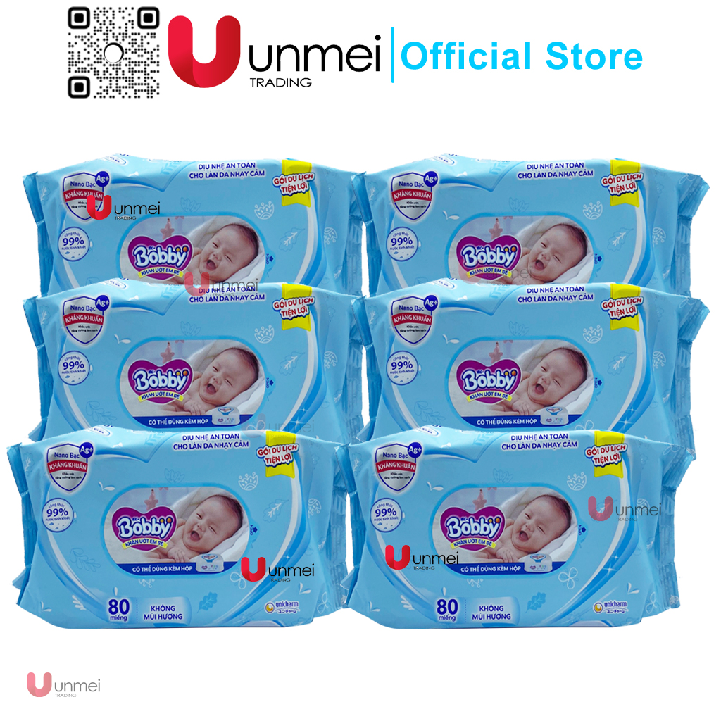 Combo tiết kiệm: 6 gói khăn ướt bobby care không mùi 80 miếng/gói