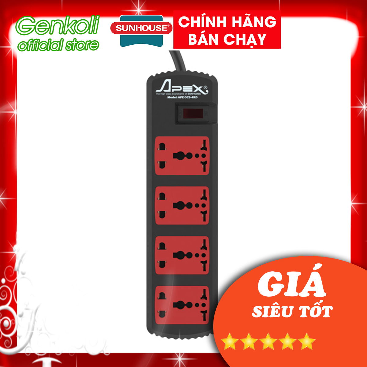Ổ điện cao cấp Sunhouse 8 lỗ cắm OC5-4RD, ổ cắm điện chịu tải dây dài 4,5m - Bảo hành chính hãng