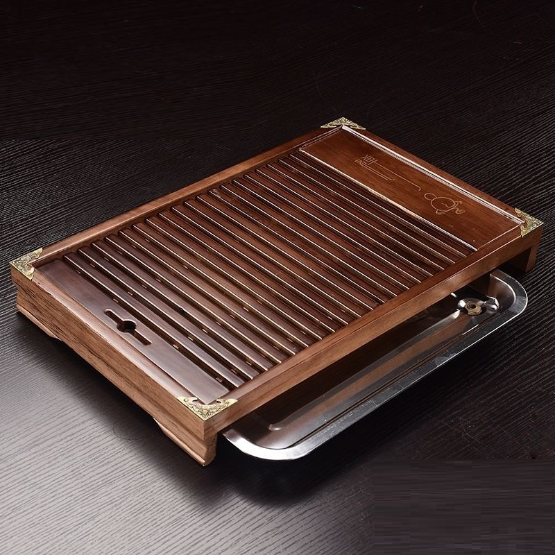 Khay Trà Gỗ Cao Cấp Nẹp Đồng Vân Nổi 4 Góc [Khay Đựng Ấm Chén] - Tặng khay inox chứa nước - Hàng loại 1