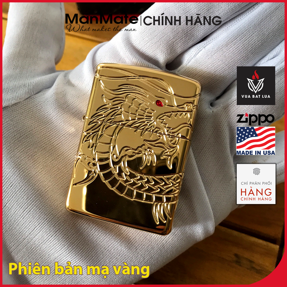 Zippo chính hãng mỹ rồng mắt đỏ mạ vàng gold plated cao cấp, công nghệ khắc multiCut 360 trên nền vỏ dày armor - Manmate Zippo