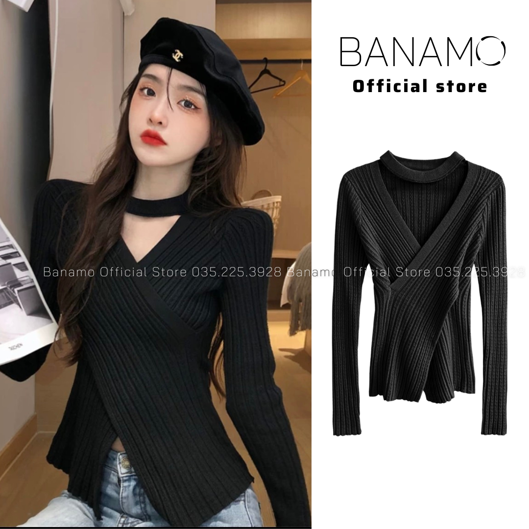 Áo len Banamo Fashion len vạt chéo cổ choker dài tay dáng ôm 3432