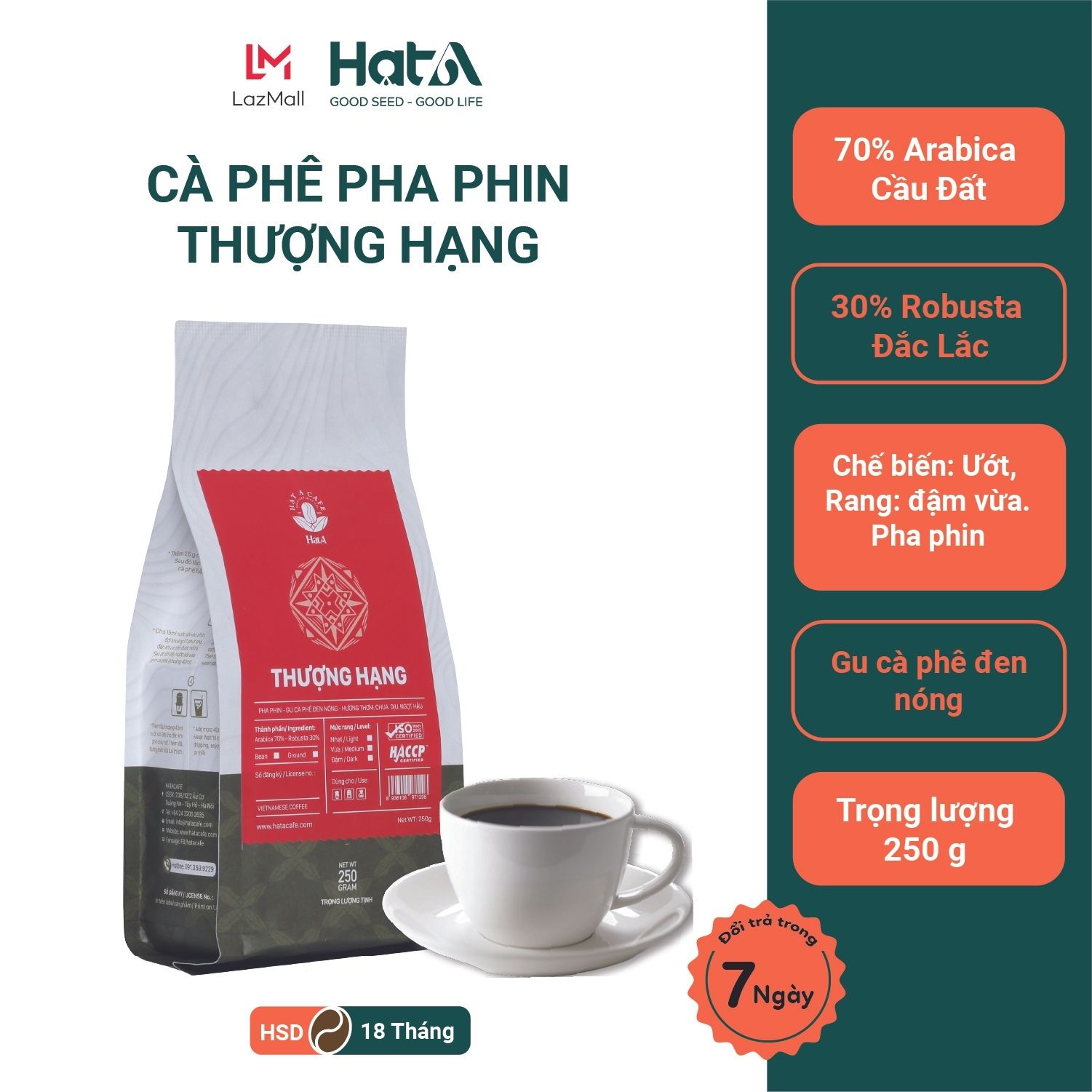 Cà phê Thượng Hạng HẠT A 250G - cafe rang mộc nguyên chất dùng pha phin, pha cold brew, pha pour over.... gu cà phê đen nóng - Hương thơm, đắng nhẹ, chua dịu, ngọt hậu - 70% Arabica Cầu Đất, 30% Robusta Đắc Lắc