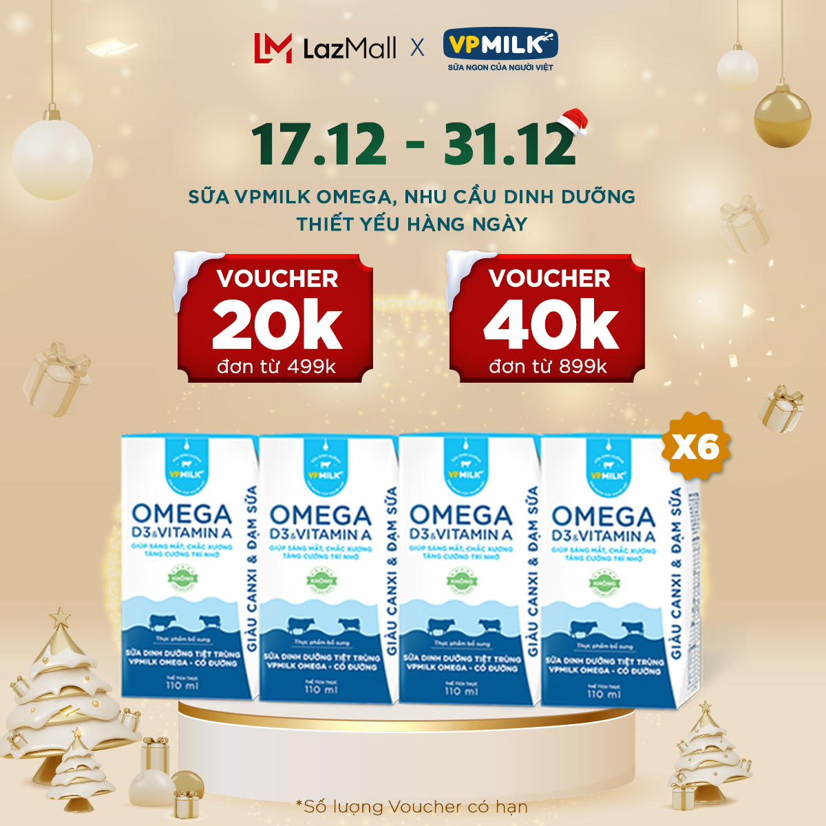6 lốc 110ml Sữa Dinh Dưỡng Tiệt Trùng VPMilk Omega CÓ ĐƯỜNG dạng hộp 110ml