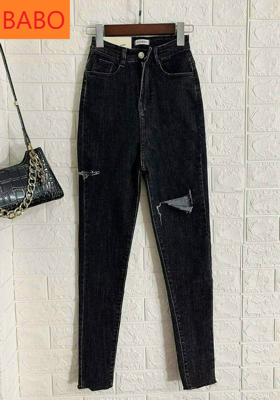 [ HÌNH THẬT ] QUẦN SKINNY JEAN NỮ LƯNG CAO RÁCH BE PHẢI CAO VẠT ĐÙI TRÁI MÀU XÁM ĐEN LAI TUA CHẤT BÒ GIÃN CAO CẤP BABO
