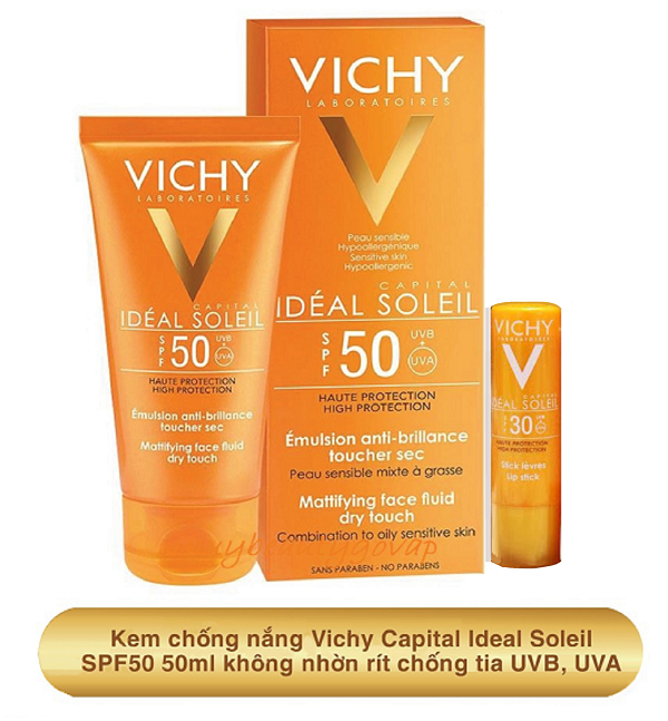 Kem Chống Nắng Dưỡng Da Dành Cho Da Dầu Vichy IDÉAL SOLEIL SPF 50 UVB+UVA Emulsie Tegen Glimmen "Dry Touch" 50ml
