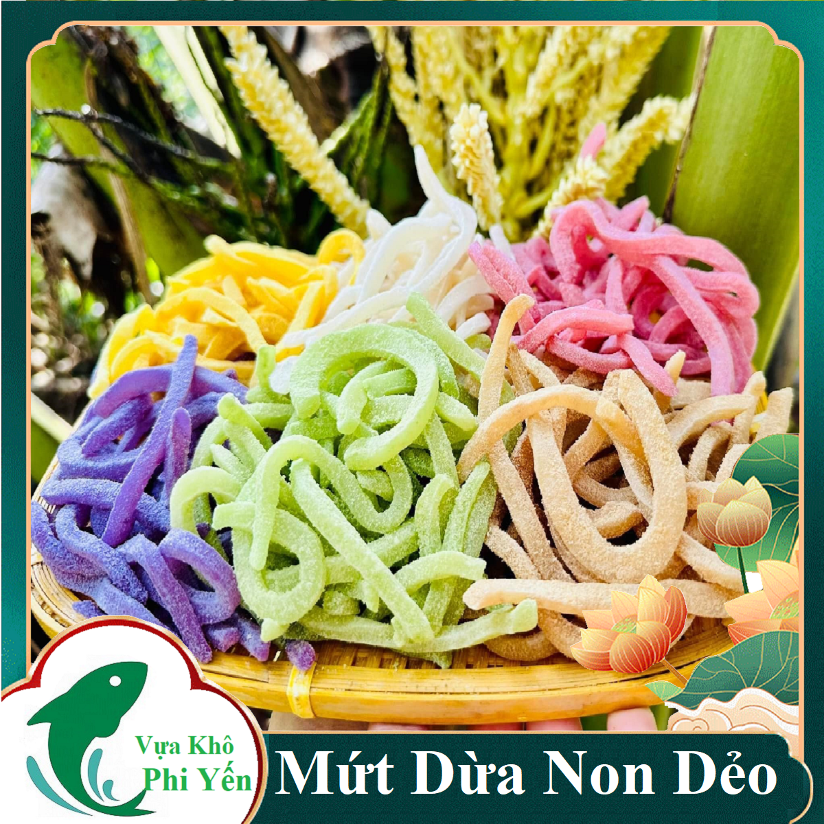Mứt dừa non dẻo đủ loại màu sắc rau củ lá cẩm lá dứa thơm béo- vựa khô phi yến