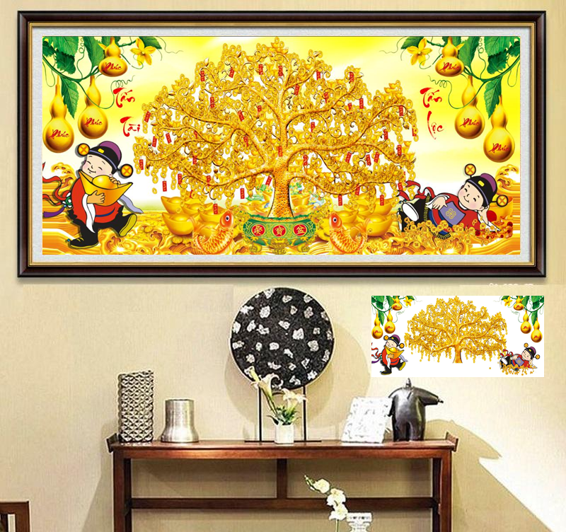 Tranh thêu mẫu đẹp Tấn Tài tấn lộc Cây tiền vàng 130x60cm - tranh chưa thêu
