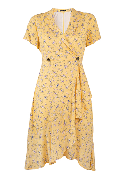 Đầm hoa midi tay ngắn thiết kế đắp eo màu vàng và trắng chất vải đũi luu's collection