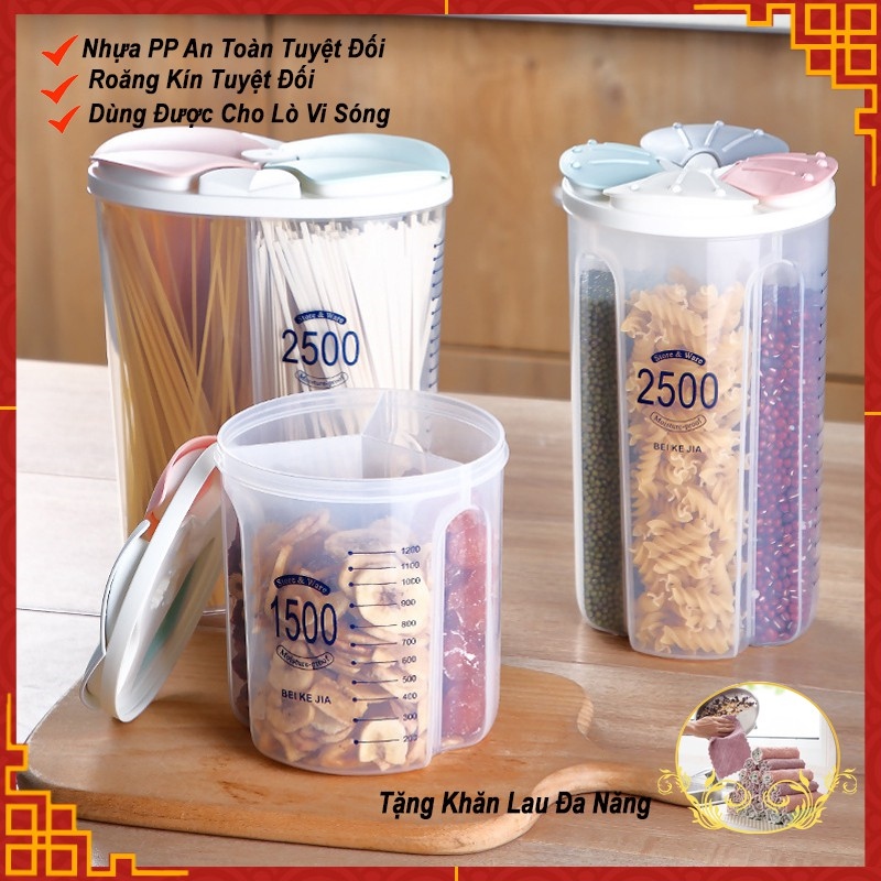 Hộp Bảo Quản Thực Phẩm Lọ Hũ Nhựa Trong Suốt 1500ml/2500 Nhiều Ngăn Đựng Gia VịĐồ Khô Ngũ Cốc HBQ03